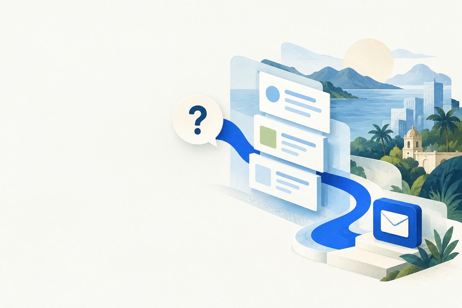 Illustration of a buyer question moving through a search path to a useful answer and enquiry.
